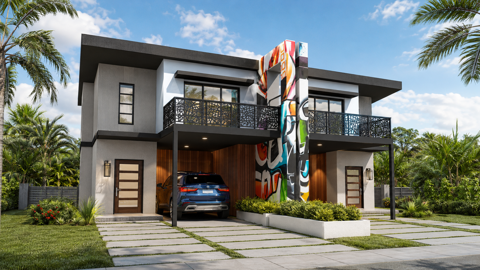 Miami Duplex — modern two-story duplex with palm trees and graffiti accent wall